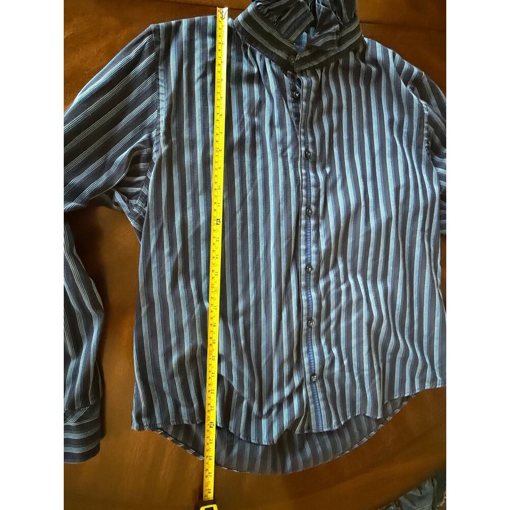 KJM Button Up Shirt Large Blue Striped Ruffle Preppy Workwear Office Business - Picture 3 of 7